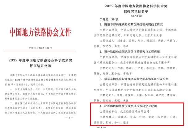 《应答器传输系统关键测试技术研究及应用》荣获2022年度中国地方铁路协会科学技术奖二等奖