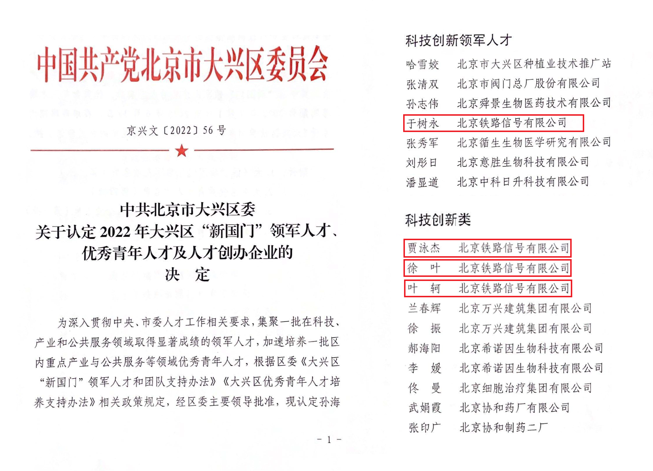 公司4名员工获得大兴区“新国门”领军人才、优秀青年人才称号